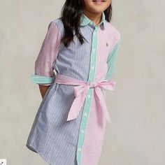 Big Kid Size (14) Color: Multi -Peter Pan Collar - Long Sleeves With Buttoned Barrel Cuffs - Front Button Placket - Signature Embroidered Pony At Left Chest - Self Tie Belt At Waist - Two Side Seam Pockets - Allover Color Block Design - Imported Preppy Pink School Dress, Blue Long Sleeve Preppy Dress, Pink Long Sleeve Color Block Dress, Multicolor Fitted Dress For School, Fitted Multicolor Dress For School, Fitted Multicolor Dresses For School, Girls Sweatshirt Dress, Blue Flower Dress, Cotton Jersey Dress