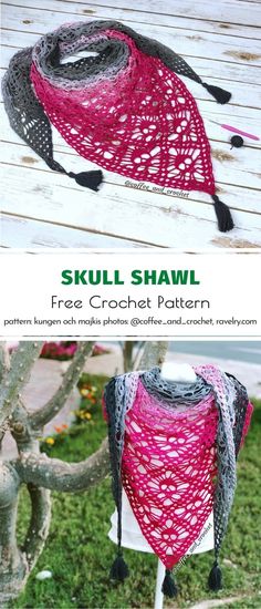 two pictures showing different ways to crochet the shawl with text overlay that reads, skull shawl free crochet pattern