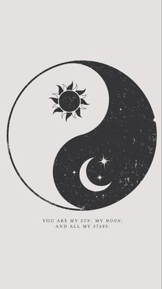 yin symbol with the sun and moon on it's side, in black and white