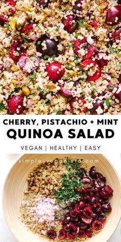 cherry, pistachio and mint quinoa salad with vegan healthy easy