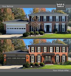 two different views of a house with garages and windows in the front, side and back