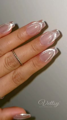 Cat Eye Nails Clear, French Tip With Shimmer, Cateye Nails French Tips, Cat Eye Gel French Tip, Glassy Cat Eye Nail, Pretty And Simple Nails, Pink And White Cat Eye Nails, Acrylic Cat Eye Nails, Cat Eye With French Tip Nails