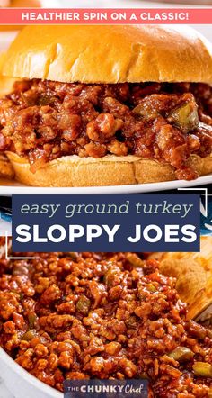 sloppy joes recipe with text overlay that reads easy ground turkey sloppy joes