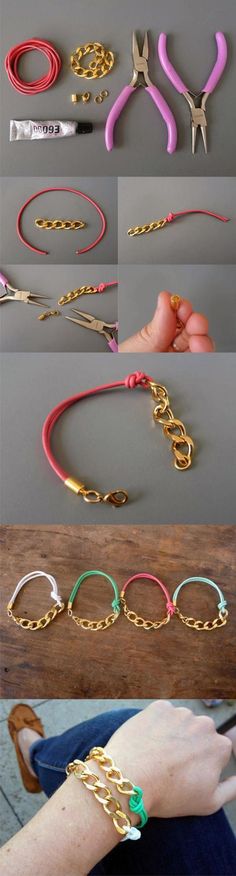 several different types of bracelets with gold chains on them and some pink, green, yellow