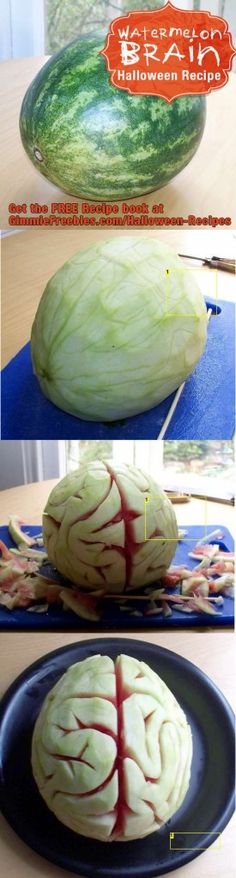 three pictures showing the process of carving a watermelon