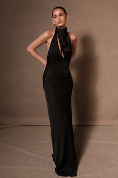 Belladonna Satin Halter Maxi Dress - Black Elegant Wedding Guest Dress Summer, Black Black Tie Dress, Black Chic Midi Dress, Chic Black Maxi Dress, Black Satin Halter Dress, Wedding Guest Dress Elegant, Satin Bridesmaid Dresses Long, Halter Black Dress, Black Satin Maxi Dress