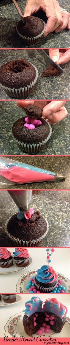 there are many different pictures of cupcakes being cut and placed on top of each other