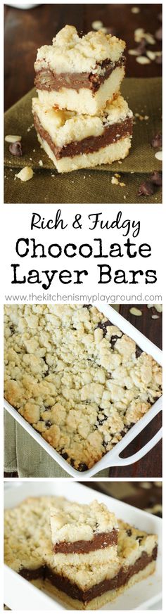 chocolate layer bars stacked on top of each other with text overlay that reads rich and truly chocolate layer bars