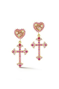 TANYA FARAH-Pink Sapphire Cross Earrings-YELLOW GOLD Gold Pink Sapphire Earrings Fine Jewelry, Gold Pink Sapphire Earrings In Fine Jewelry Style, Discount Jewelry, Pink Jewelry, Jewel Box, Cross Earrings, Fine Jewels, Jewelry Lover, Pink Sapphire