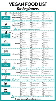 the vegan food list for beginners is shown in blue and white with green trimming