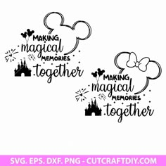 two mickey mouse heads with the words making memories together in black and white on a white background