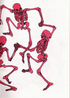 a drawing of three skeletons dancing together