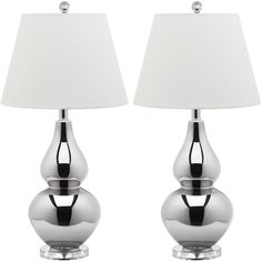 pair of chrome ball table lamps with white shade