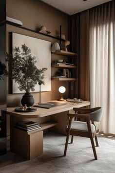 Moody Japandi Home, Home Interior Design Aesthetic, Designer Interior Home, Japandi Study Table, Luxury Desk Setup, Japandi Interiors Office, Japandi Office Room, Elegant Desk Setup, Japandi Home Office Design