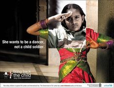 a woman in a colorful dress is holding her hand up to her head and the caption says she wants to be a dancer, not a child soldier