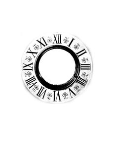 a black and white clock with roman numerals on it's face, against a white background