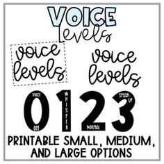 a poster with the words voice levels and small, medium - sized numbers on it