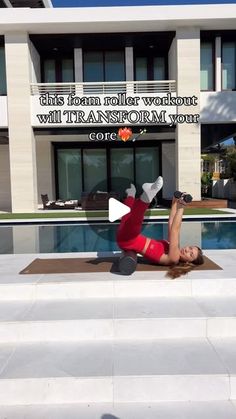 a woman is doing an exercise in front of a building