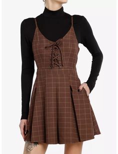 Social Collision Brown Plaid Long-Sleeve Twofer Dress Brown Plaid Dress, Dark Academia Dress, Social Collision, Academia Look, Dark Academia Look, Cutesy Outfit, Twofer Dress, Luanna Perez, Dark Academia Outfit