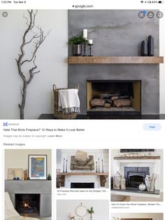 an image of a living room with fireplaces and pictures on the wall above it