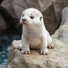 a baby seal sitting on top of a rock