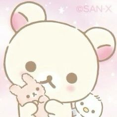 a white teddy bear holding a pink stuffed animal in it's paws with stars on the background