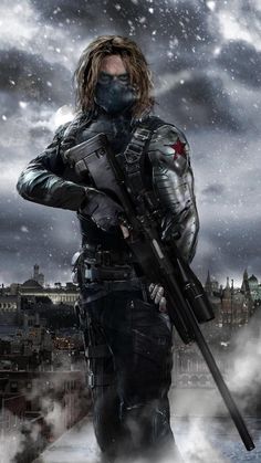 captain america the winter soldier is standing in front of a snow storm with his arms crossed