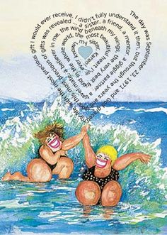 two women in the water with hearts shaped over their heads, one on her knees