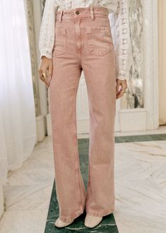 The 70's trousers - Pink - Organic Cotton - Sézane 70s Trousers, Jean Rose, 70s Denim, Mode Rose, Pink Trousers, Pink Jeans, Pink Pants, Wide Leg Denim, Parisian Style