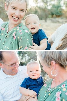 a woman holding a baby in her arms and smiling at the camera, while another man holds