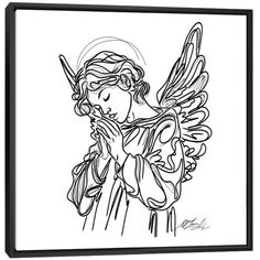 an angel with wings and halos in black and white, on a white background