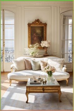 a living room filled with furniture and flowers on top of a coffee table in front of a painting