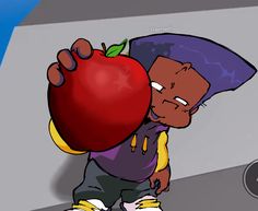 a cartoon character holding an apple in his right hand and looking down at the ground