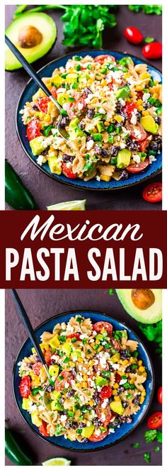 mexican pasta salad with avocado, tomatoes and other ingredients in two separate bowls