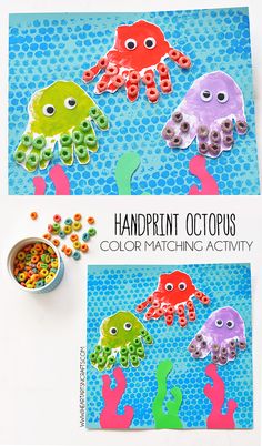 an octopus craft made out of construction paper and beads with the words handprint octopus on it