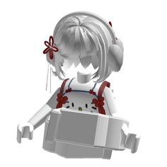 an animated girl with white hair and red bows is holding a large object in her hands