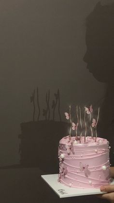 a person holding a cake with pink frosting and butterflies on it in front of a dark background