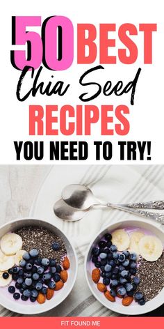 two bowls filled with blueberries, bananas and chia seeds on top of a white table