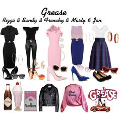 there are many different types of clothes and shoes on this page in the book grease