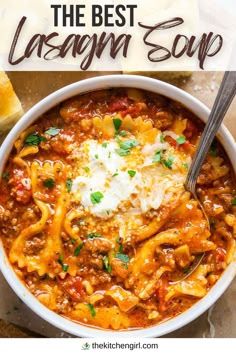 the best lasagna soup in a white bowl