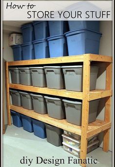 the shelves are filled with plastic buckets and bins for storing items or other things