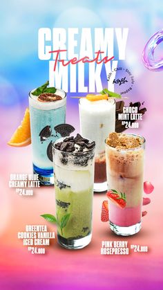 an advertisement for a milkshake with different flavors