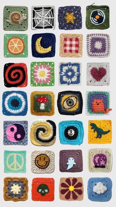 crocheted squares with different designs on them, all in various colors and sizes