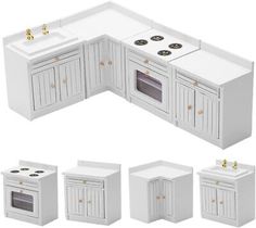 a kitchen with white cabinets and gold knobs on the doors is shown in different angles