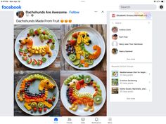 the facebook page has four pictures of different fruits and vegetables on it, each with an image of a giraffe