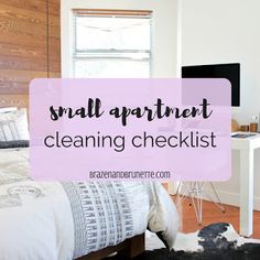 small apartment cleaning checklist with text overlaying it in black and white colors