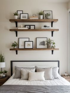 a bed with two shelves above it and pictures on the wall behind it, along with plants