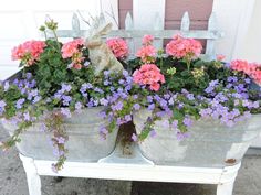 some pink and purple flowers are in a pot on a white bench with a wooden fence behind them