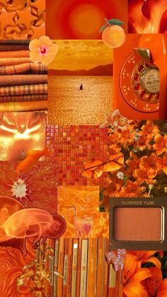 an orange collage with flowers, books and other things in it's center