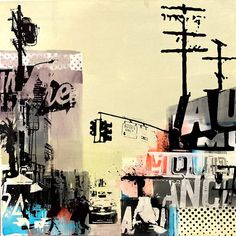 an abstract painting with people walking on the sidewalk and traffic lights, telephone poles, and buildings